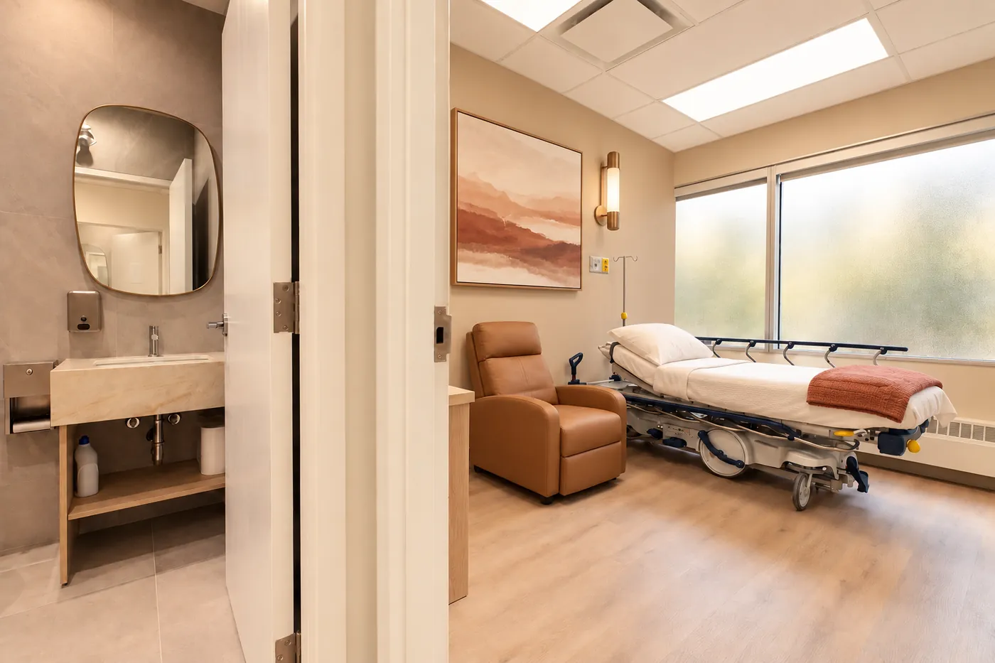A quiet recovery room with soft window light