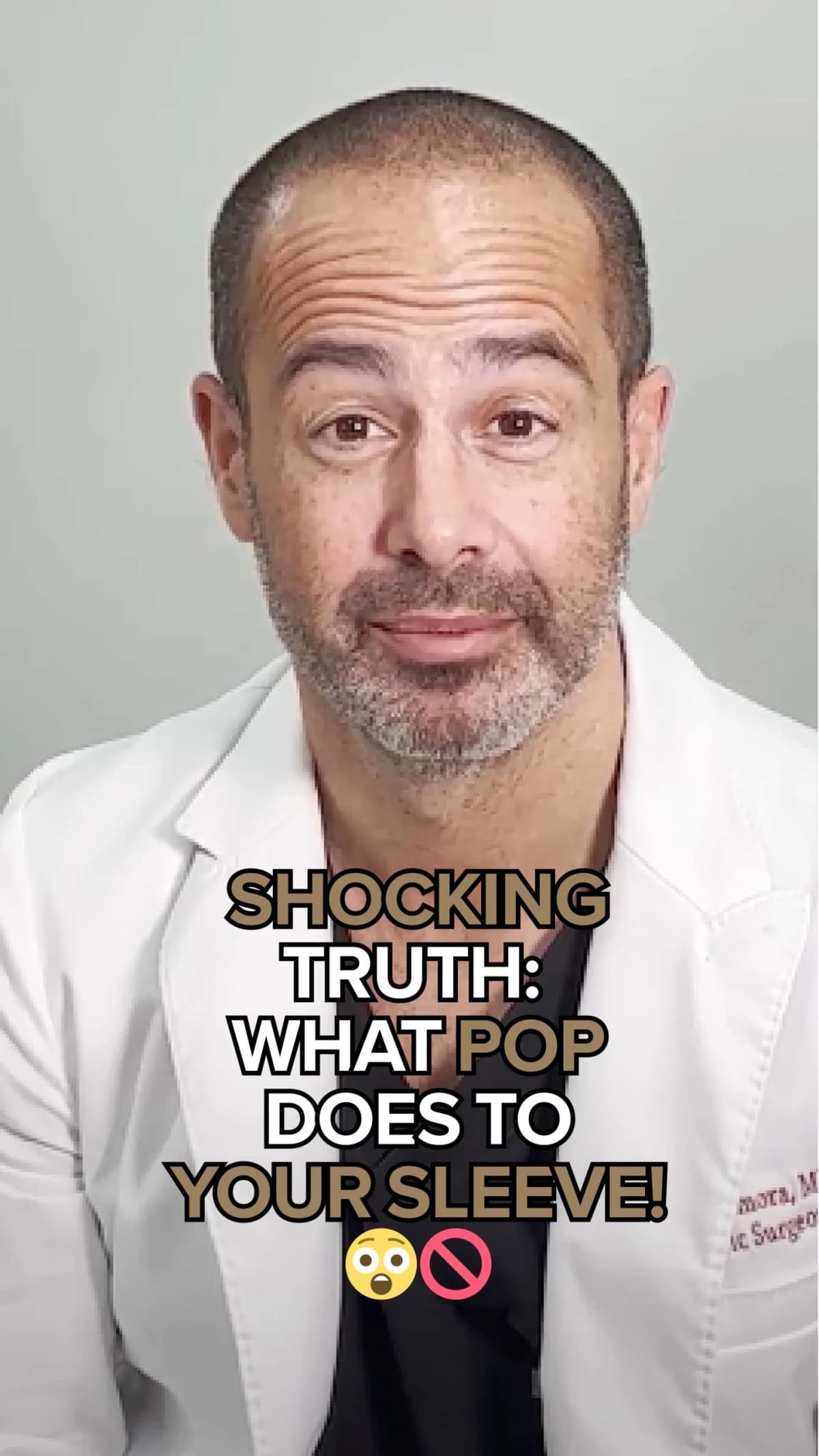 Thumbnail image of a bariatric surgeon with text overlay: 'SHOCKING TRUTH: WHAT POP DOES TO YOUR SLEEVE!' and shocked/prohibited emojis, indicating a video about the negative effects of soda after gastric sleeve surgery.