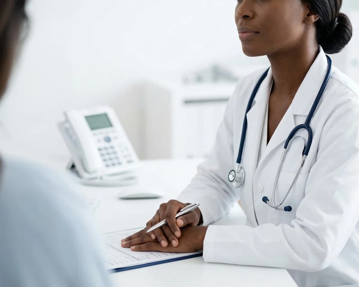 A doctor with a stethoscope in conversation with a patient at a desk.