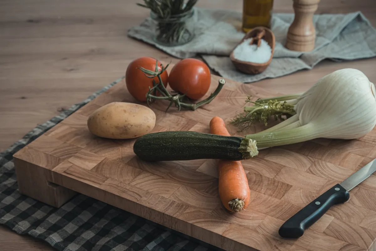 Fresh vegetables and a knife on a wooden cutting board.